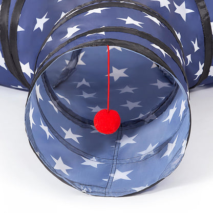 Tempcore Pet Cat Tunnel Tube Toys 3 Way Collapsible, Tunnels for Indoor Cats, Interactive Tube with Teaser Wand, Peek Holes & Hanging Ball, Black & Blue