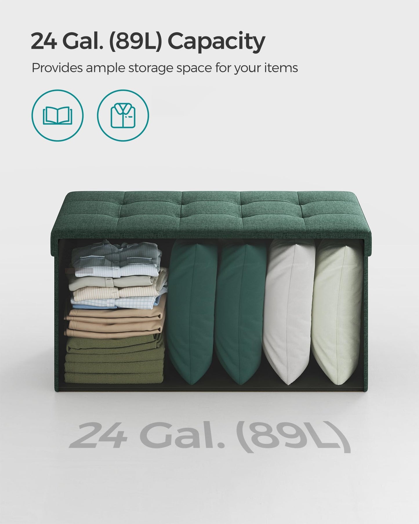 SONGMICS MAZIE Collection - 30 Inches Folding Storage Ottoman Bench, Ottoman Foot Rest, End of Bed Bench, Storage Chest, Load 660 lb, for Living Room, Bedroom, Entryway, Dark Gray ULSF47K