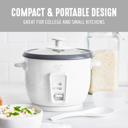 GreenLife Rice Cooker with Removable PFAS-Free Ceramic Nonstick Pot, 3-Cups Uncooked/6-Cups Cooked, Grains & Oatmeal Multicooker, Compact One-Switch Design, Auto Keep Warm, Easy Clean, Cream