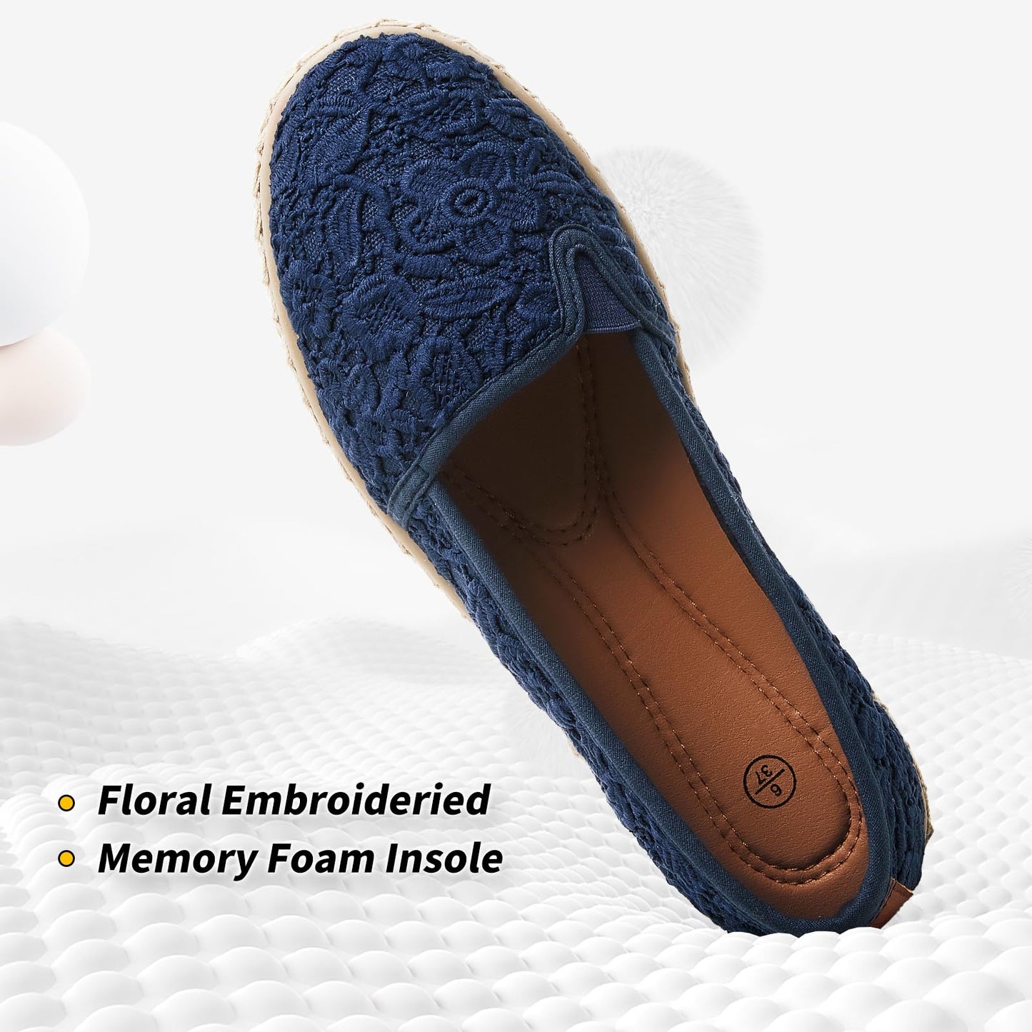 BABUDOG Women's Flats with Flower Embroideried,White Lace Ballet Flats,Comfortable Dress Flats
