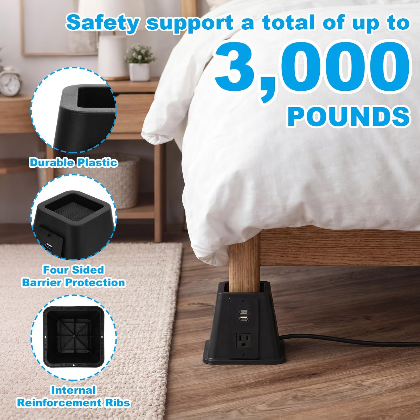 Relaxweex 4 Pack 8 Inches Heavy Duty Bed Risers with Power Outlet and USB - Adjustable Plastic Bed Frame Riser Lifts - Furniture Support Blocks for Sofa College Dorm Twin, Supports 2200 lbs