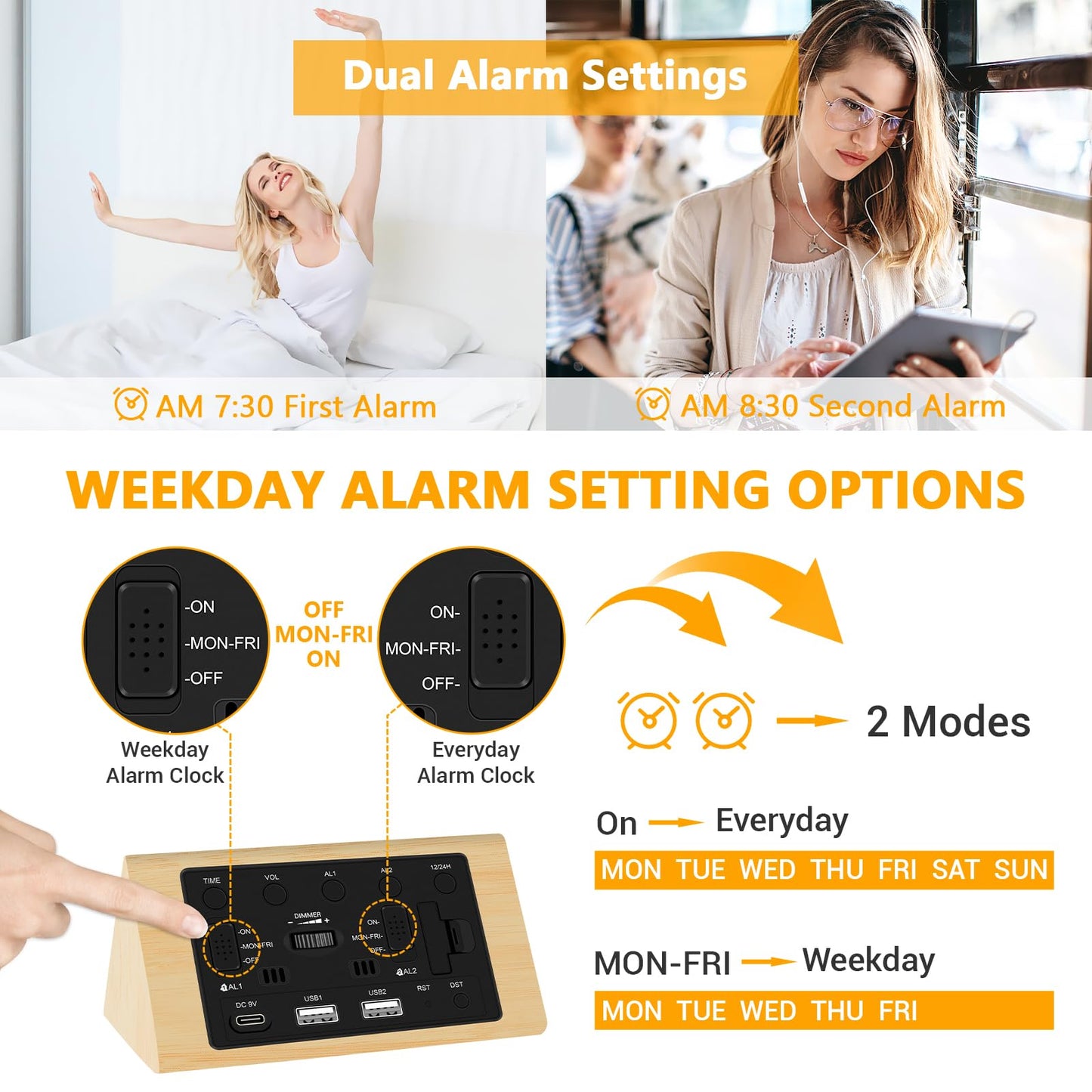 Kogonee Wooden Digital Alarm Clock, 0-100% Dimmer, 2 Alarm Settings, Weekday/Everyday Mode, 9 Mins Snooze, 12/24H, Temperature and Date Display for Office, Travel, Bedroom Alarm Clock (Brown)