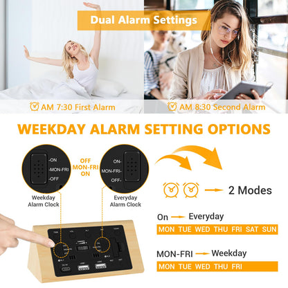 Kogonee Wooden Digital Alarm Clock, 0-100% Dimmer, 2 Alarm Settings, Weekday/Everyday Mode, 9 Mins Snooze, 12/24H, Temperature and Date Display for Office, Travel, Bedroom Alarm Clock (Brown)