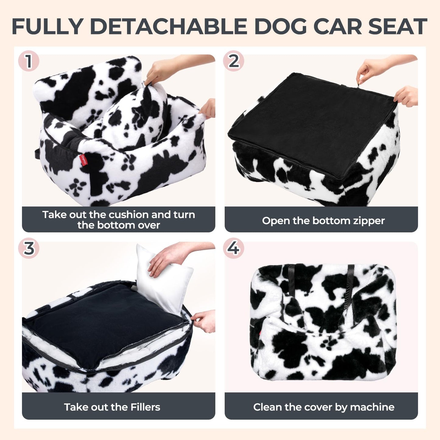 BurgeonNest Dog Car Seat for Small Dogs, Soft Pet Car Travel Home Bed Under 25 lbs, Fully Detachable and Washable Cat Booster Carseats with Storage Pockets and Clip-On Leash Portable Carrier,Black