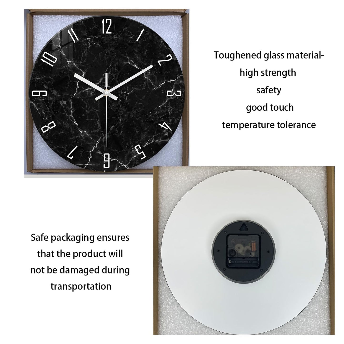 White Marble Glass Wall Clocks Battery Operated 12 Inch Abstract Decorative Analog Wall Clocks for Living Room Bedroom Office Silent Wall Clock Modern