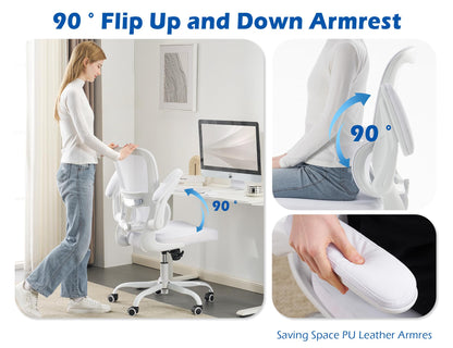 TRALT Ergonomic Office Chair - Desk Chair with Adjustable Lumbar Support Computer Chair - Mesh Comfy Chair with Flip-up Armrests - Gaming Chairs for Adults Home Office (Leather, White)
