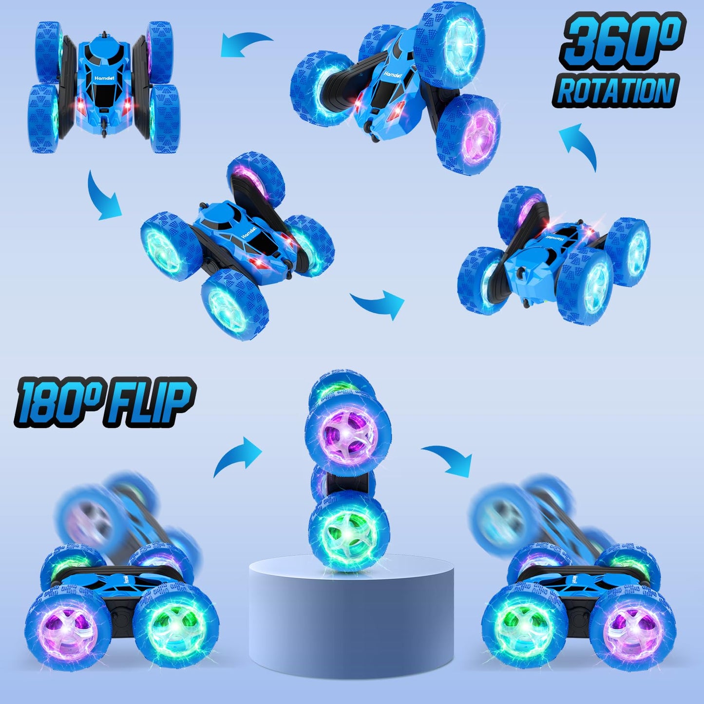 Hamdol Remote Control Car for Kids, 360° Rotating Double-Sided RC Car with LED Headlights, 4WD 2.4GHz Electric Rechargeable Toy Vehicle for Boys and Girls, Perfect Birthday