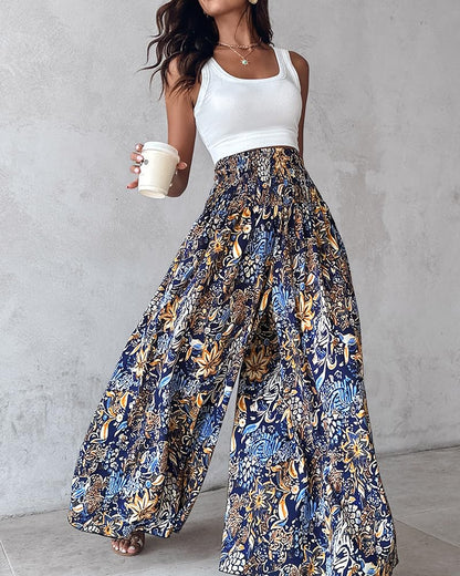 CHICME Boho Floral Shirred High Waisted Wide Leg Pants Flowy Palazzo Pants Summer Beach Vacation Wear