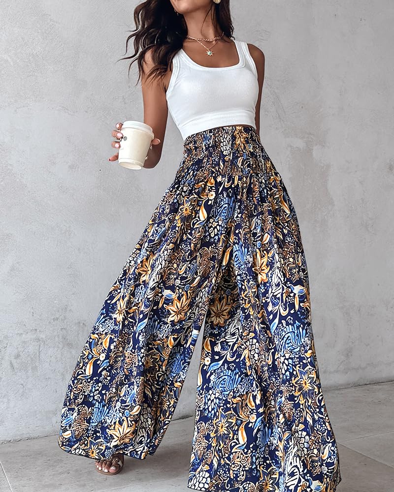 CHICME Boho Floral Shirred High Waisted Wide Leg Pants Flowy Palazzo Pants Summer Beach Vacation Wear