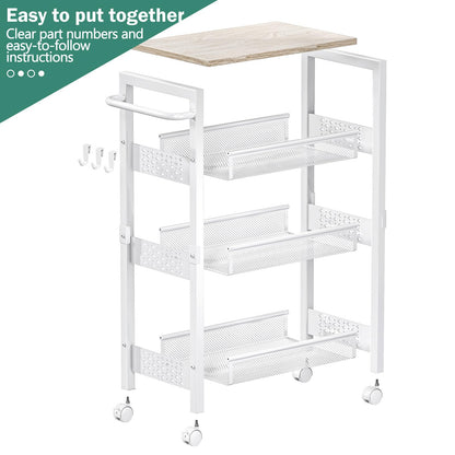 Vivihomety Utility Slim Storage Cart with Wheels, 4 Tier Small Rolling Cart with Wood Top, Metal Kitchen Bathroom Laundry Room Organization Trolley with Handle for Narrow Space – Black