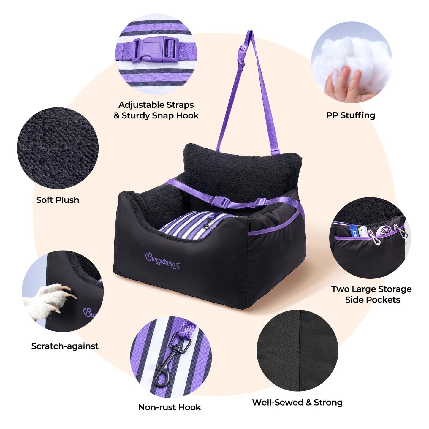 BurgeonNest Dog Car Seat for Small Dogs, Soft Pet Car Travel Home Bed Under 25 lbs, Fully Detachable and Washable Cat Booster Carseats with Storage Pockets and Clip-On Leash Portable Carrier,Black