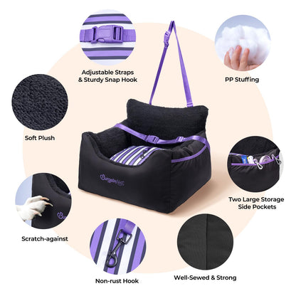 BurgeonNest Dog Car Seat for Small Dogs, Soft Pet Car Travel Home Bed Under 25 lbs, Fully Detachable and Washable Cat Booster Carseats with Storage Pockets and Clip-On Leash Portable Carrier,Black