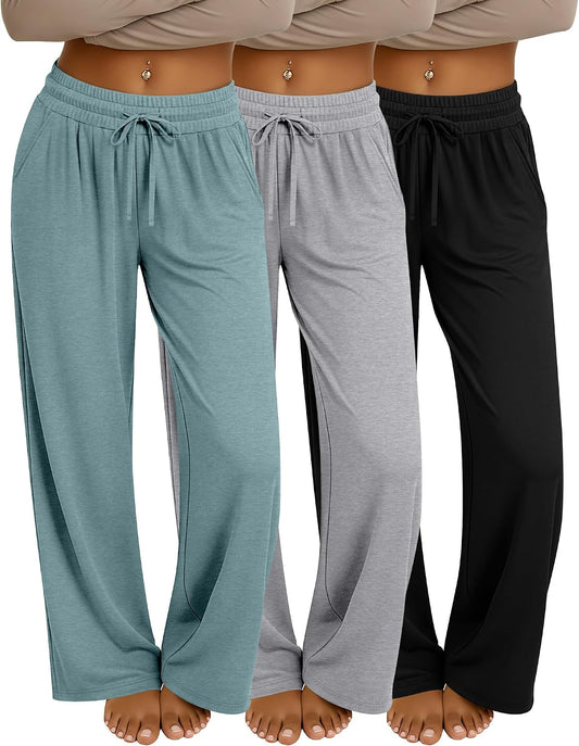Neer 3 Pack Women's Baggy Sweatpants with Pockets, Wide Leg Yoga Pants Cozy Thick Lounge Pants Drawstring Casual Loose Jogger