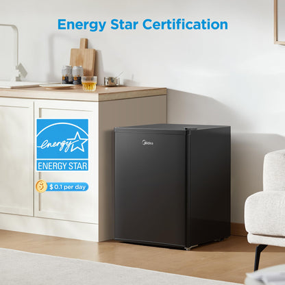 Midea WHS-65LB1 Mini Fridge, 1.6 Cu.ft Energy Star Certified Mini Refrigerator, Adjustable Thermostat, Reversible Door, Low Noise for Dorm, Office, Bedroom, Black