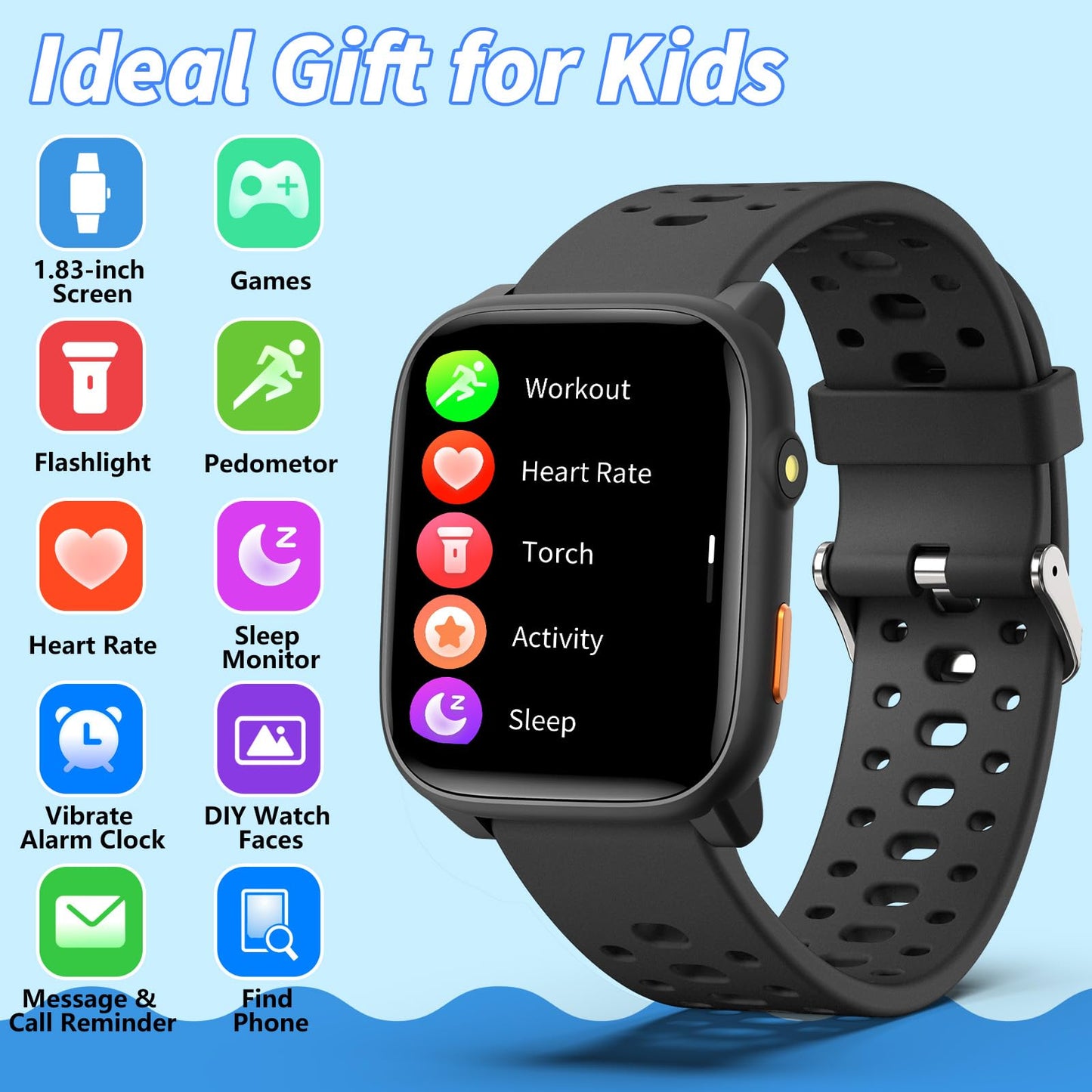 Smart Watch for Kids with 12 Puzzle Games, 1.83" Fitness Tracker Watch Heart Rate Sleep Monitor, Pedometer, Alarm Clock, Flashlight, Gift for 6-12 Year Old Boys Girls