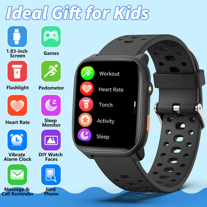 Smart Watch for Kids with 12 Puzzle Games, 1.83" Fitness Tracker Watch Heart Rate Sleep Monitor, Pedometer, Alarm Clock, Flashlight, Gift for 6-12 Year Old Boys Girls