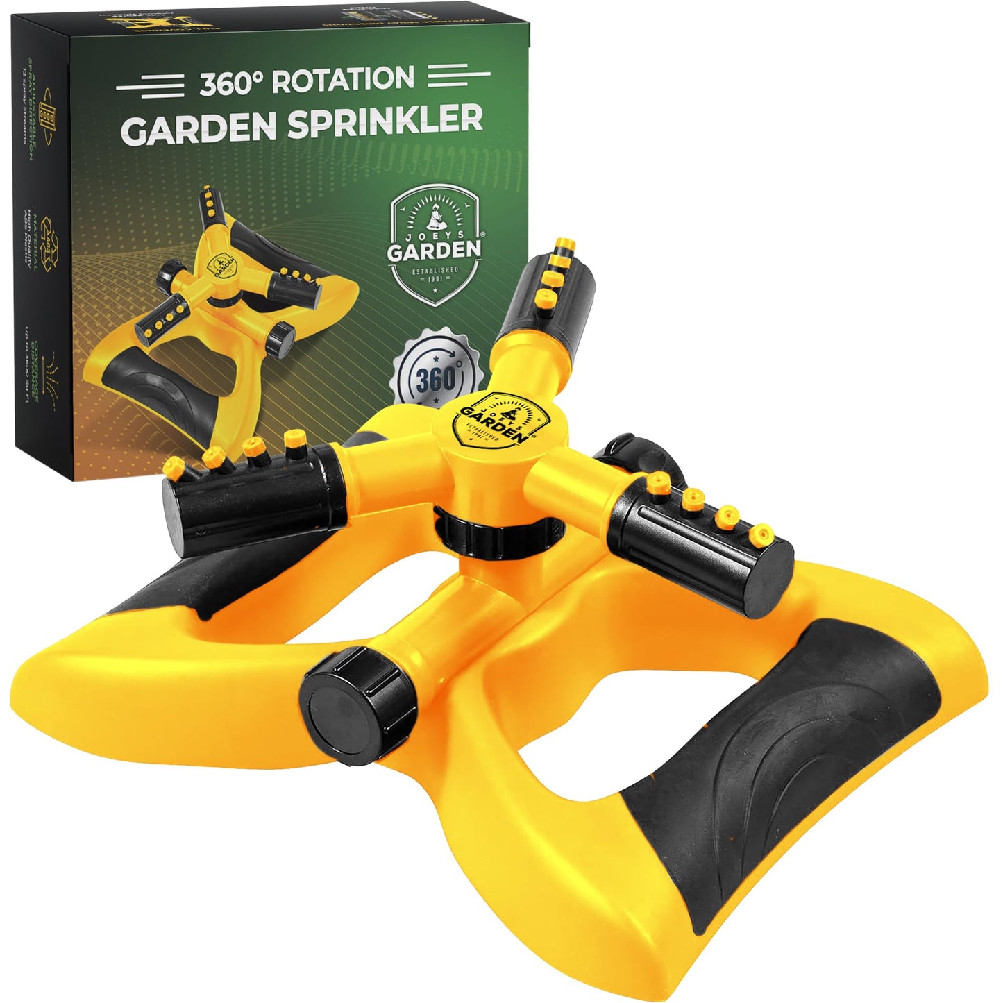 Joeys Sprinkler for Yard, Rotating Garden Sprinkler with 3 Adjustable Arms, Weighted Base, Expandable Connection, Lawn and Yard Sprinklers (Green)