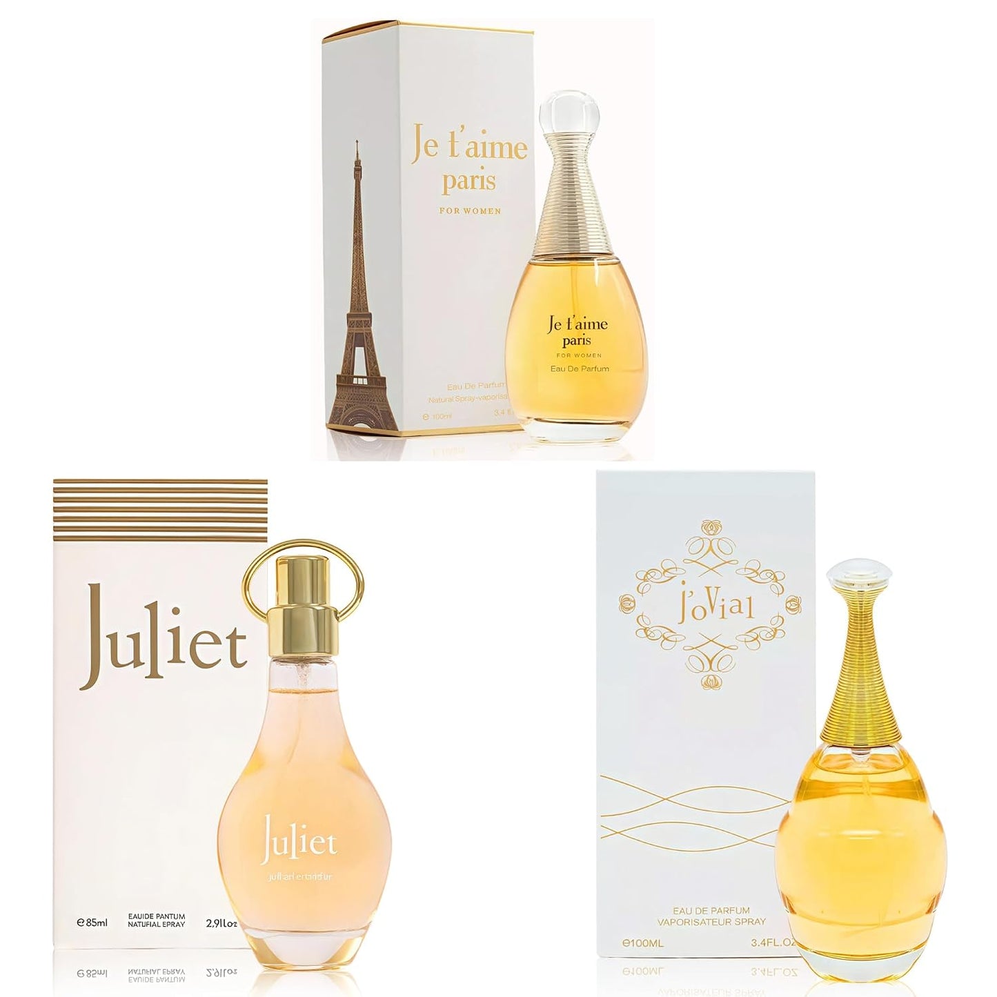 A CENTER J'ovial Parisian Perfume Trio Set for Women - Floral Fragrance | Jasmine, Rose & Lily of the Valley | 3.4 Fl Oz Each Women Cologne Set (Je t'aime Paris, Juliet, J'ovial)