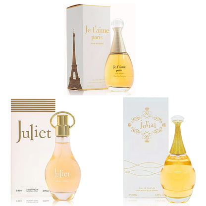 A CENTER J'ovial Parisian Perfume Trio Set for Women - Floral Fragrance | Jasmine, Rose & Lily of the Valley | 3.4 Fl Oz Each Women Cologne Set (Je t'aime Paris, Juliet, J'ovial)