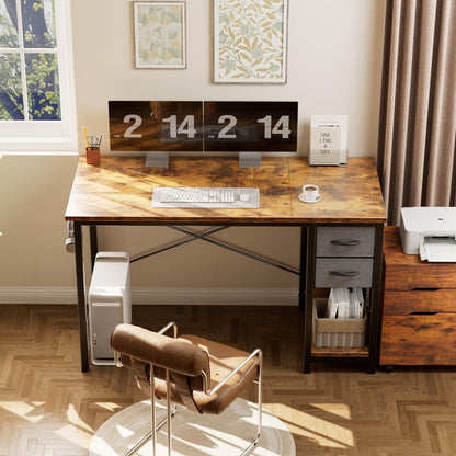 Sweetcrispy 47 Inch Computer Desk with Drawers for Home Office Writing Desk X Shaped Reinforcement Wood Surface Adjustable Position Modern Study Work Side Hook Metal Frame Storage Station Rust
