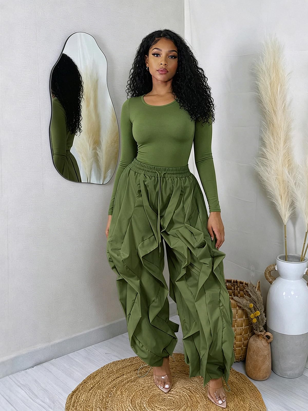 knowfashionstyle Women 2 Piece Outfits Cargo Parachute Pants Set Long Sleeve Top Baggy Y2K Balloon Pant Going Out Night Club