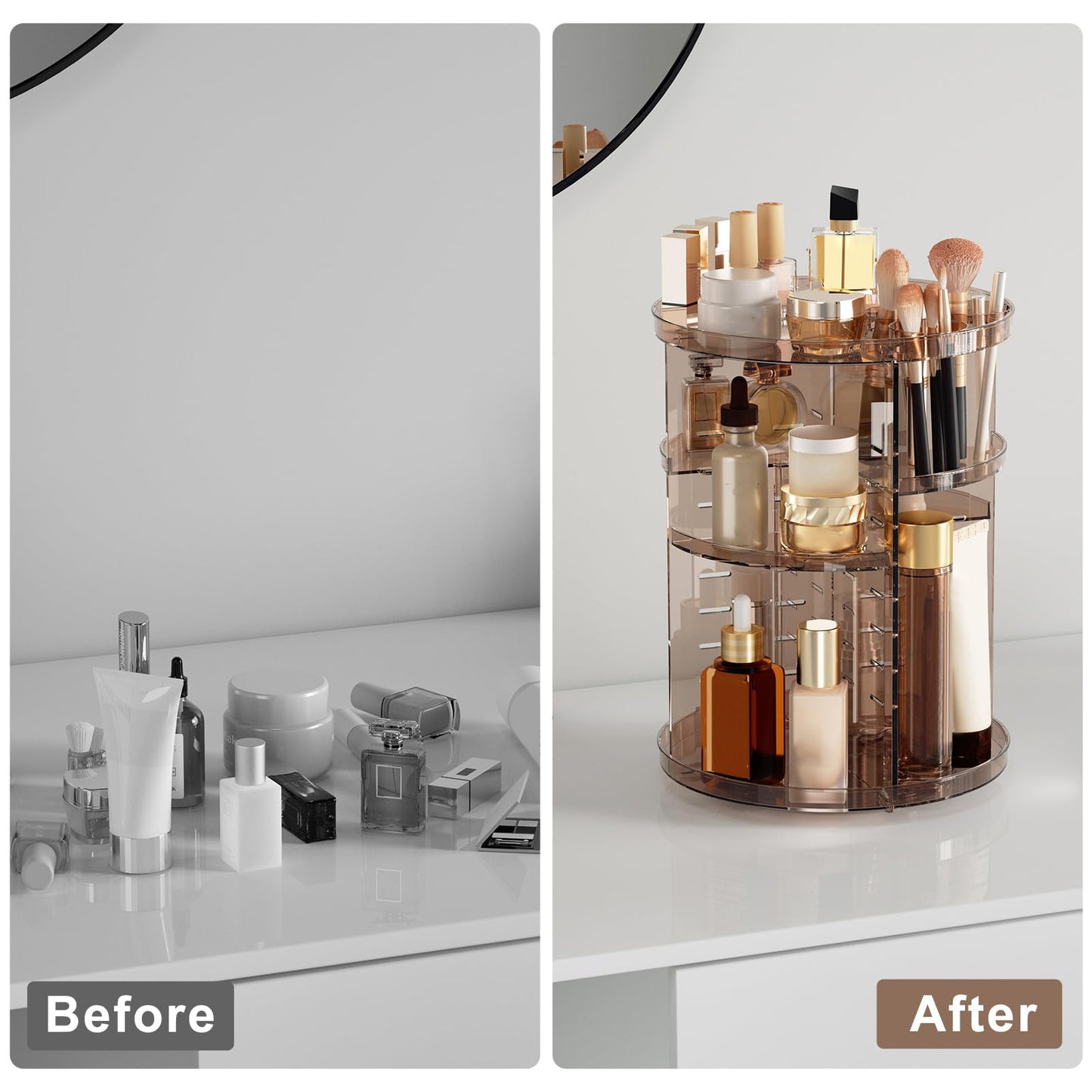 Rotating Makeup Organizer, DIY 8 Adjustable Layers Spinning Skincare Storage, Cosmetic Display Case with Brush Holder and Perfume Tray, Multi-Function Vanity Bathroom Countertop Organizer Black