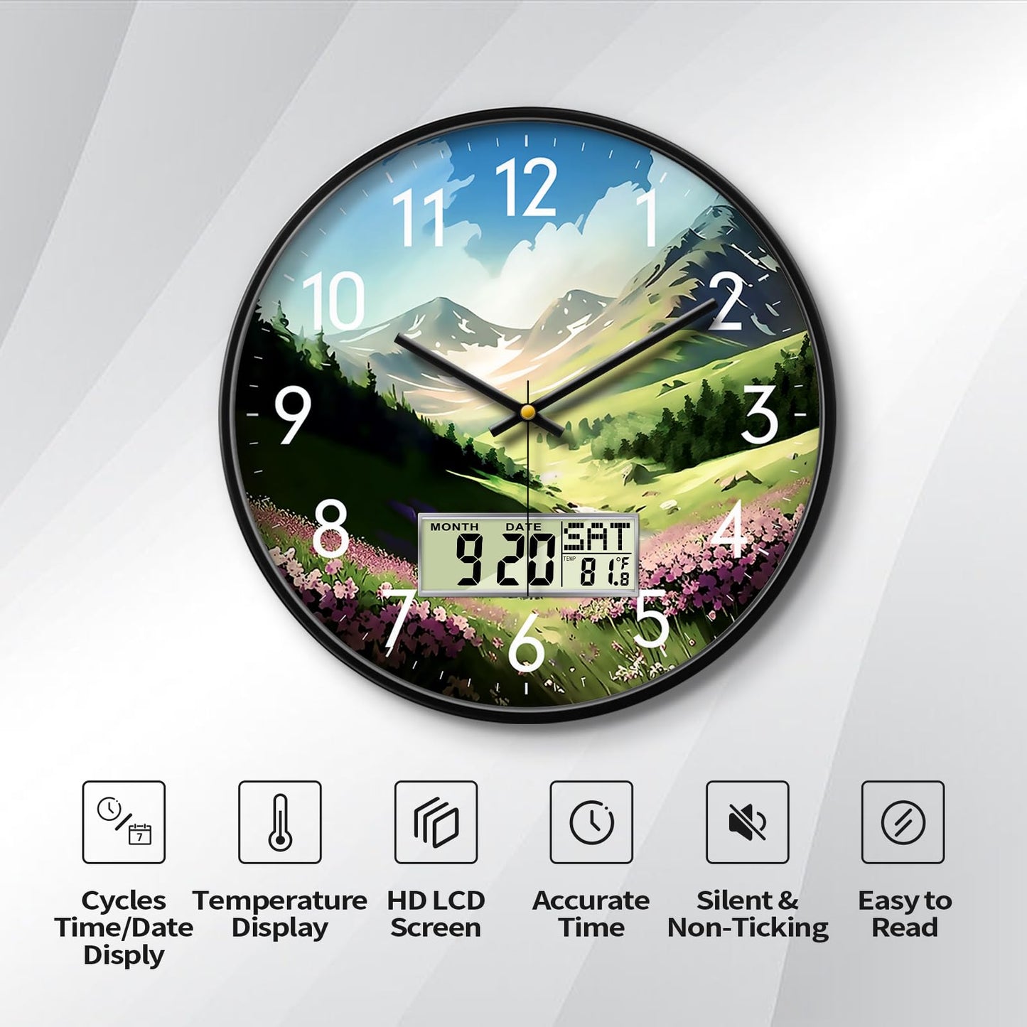 Wilderness Sunset Wall Clock, 12 Inch Silent Non-Ticking Battery Operated Analog Clock with LCD Date Day Temp Display, Decorative for Living Room, Bedroom, Kitchen, Office, Farmhouse, Cabin