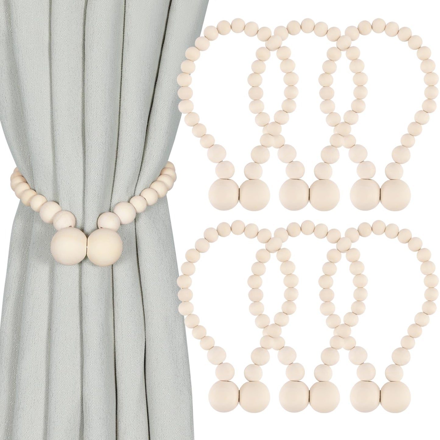 KLOGTSIND Magnetic Curtain Tiebacks, Curtain Holdbacks for Curtains 2 Pack, Wood Bead Curtain Holders for Boho Bedroom Decor, Baby Nursery Decor, Farmhouse Decor