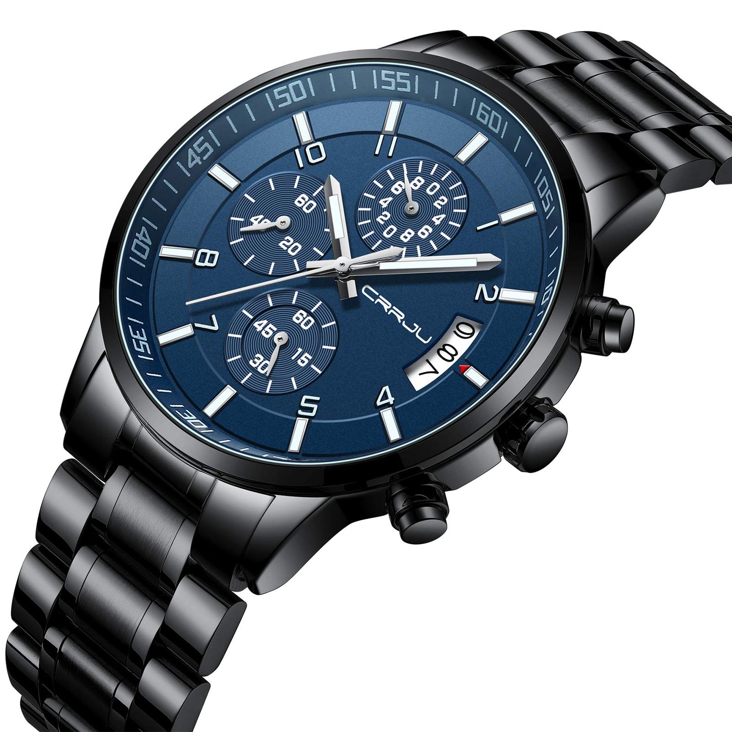 CRRJU Men's Fashion Stainless Steel Watches Date Waterproof Chronograph Wristwatches,Black Steel Band Waterproof Quartz Watch for Men