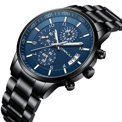 CRRJU Men's Fashion Stainless Steel Watches Date Waterproof Chronograph Wristwatches,Black Steel Band Waterproof Quartz Watch for Men