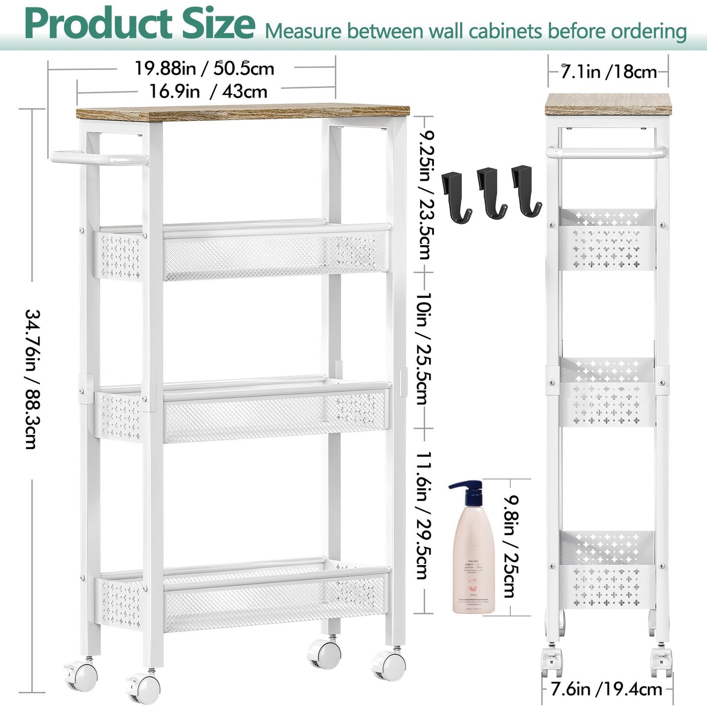 Vivihomety Utility Slim Storage Cart with Wheels, 4 Tier Small Rolling Cart with Wood Top, Metal Kitchen Bathroom Laundry Room Organization Trolley with Handle for Narrow Space – Black
