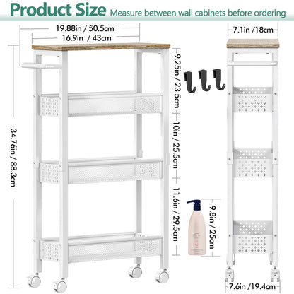 Vivihomety Utility Slim Storage Cart with Wheels, 4 Tier Small Rolling Cart with Wood Top, Metal Kitchen Bathroom Laundry Room Organization Trolley with Handle for Narrow Space – Black