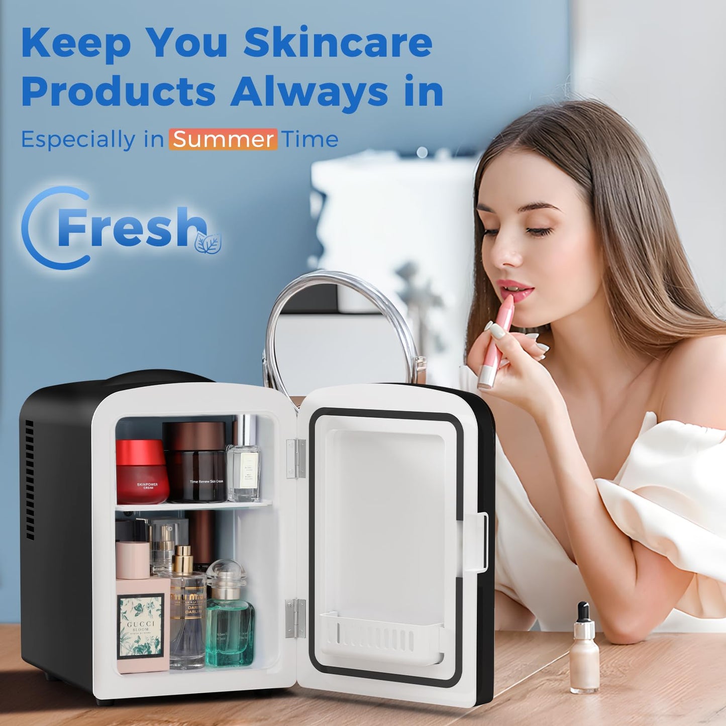 Antarctic Star Compact Refrigerator, Portable Mini Fridge, Skin Care 4L Capacity/6 Cans, for Bedroom, Car, Office & Dorm, Small Cooler for Cosmetics, Beverage and Food, Black