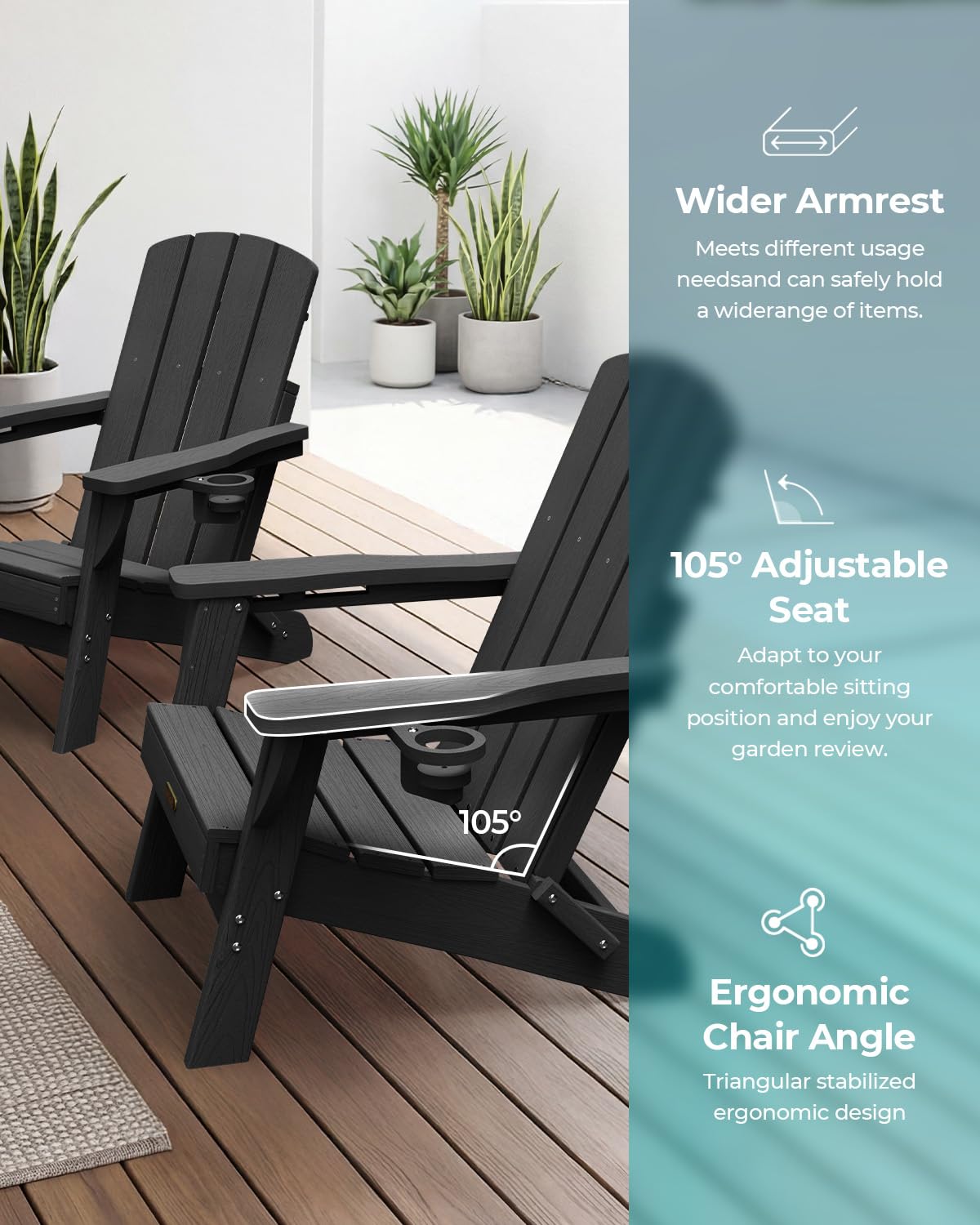 Folding Adirondack Chair, HDPE Adirondack Chairs with 2 Cup Holder, Plastic All-Weather Fire Pit Chairs, Outdoor Lawn Chair for Patio Garden (Grey)