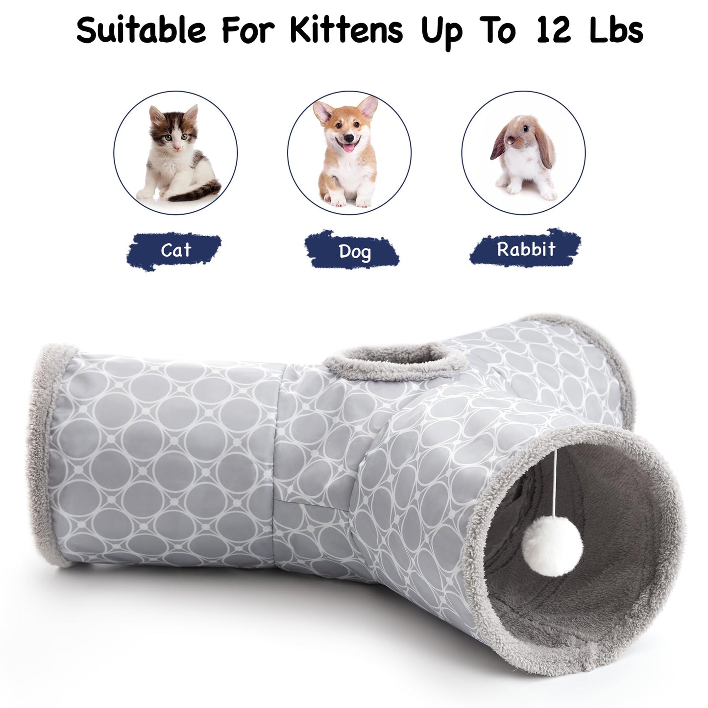 Tempcore Pet Cat Tunnel Tube Toys 3 Way Collapsible, Tunnels for Indoor Cats, Interactive Tube with Teaser Wand, Peek Holes & Hanging Ball, Black & Blue
