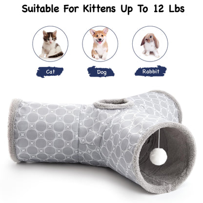 Tempcore Pet Cat Tunnel Tube Toys 3 Way Collapsible, Tunnels for Indoor Cats, Interactive Tube with Teaser Wand, Peek Holes & Hanging Ball, Black & Blue
