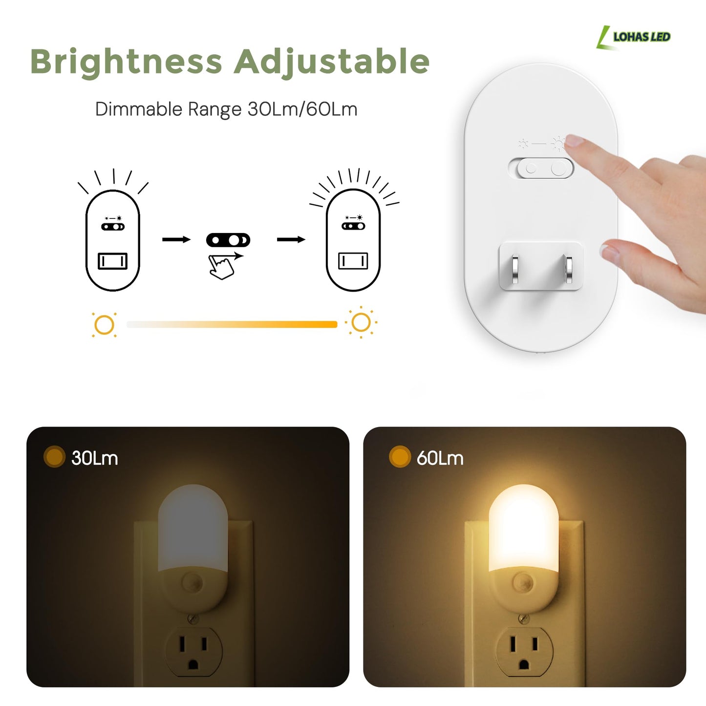 L LOHAS LED Motion Sensor Night Light, 2Pack, Motion Activated Night Light, Night Lights Plug into Wall Motion Sensor, 3000K Warm White, Adjustable Brightness 30/60LM, for Kids Adults Bathroom Bedroom