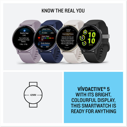 Garmin Vívoactive 5, Health and Fitness GPS Smartwatch, AMOLED Display, Up to 11 Days of Battery, Slate Aluminum Bezel with Black Case and Silicone Band | Up to 11 Days Battery, 5 Atm, Corning Gorilla Glass 3