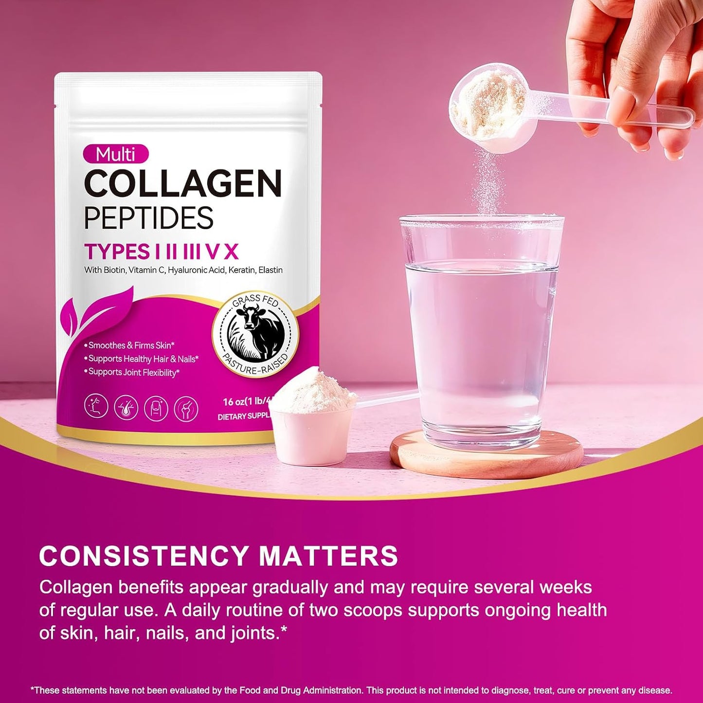 Multi Collagen Peptides Powder | Types I, II, III, V, X | 16 Oz (41 Servings) Hydrolyzed Collagen Peptides | Supports Healthy Skin, Joints, Hair, and Nails | Unflavored & Dissolves Easily