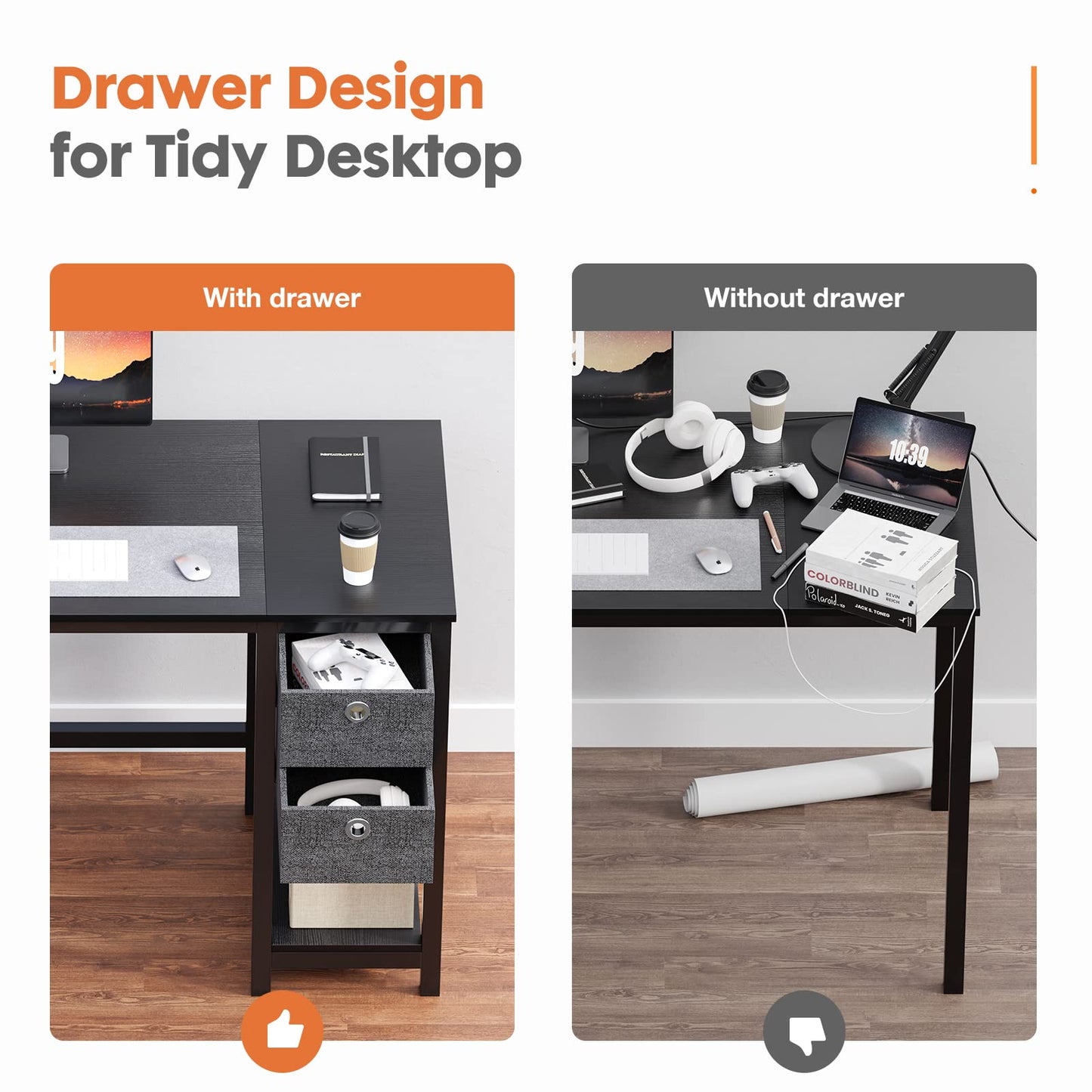 Sweetcrispy 47 Inch Computer Desk with Drawers for Home Office Writing Desk X Shaped Reinforcement Wood Surface Adjustable Position Modern Study Work Side Hook Metal Frame Storage Station Rust