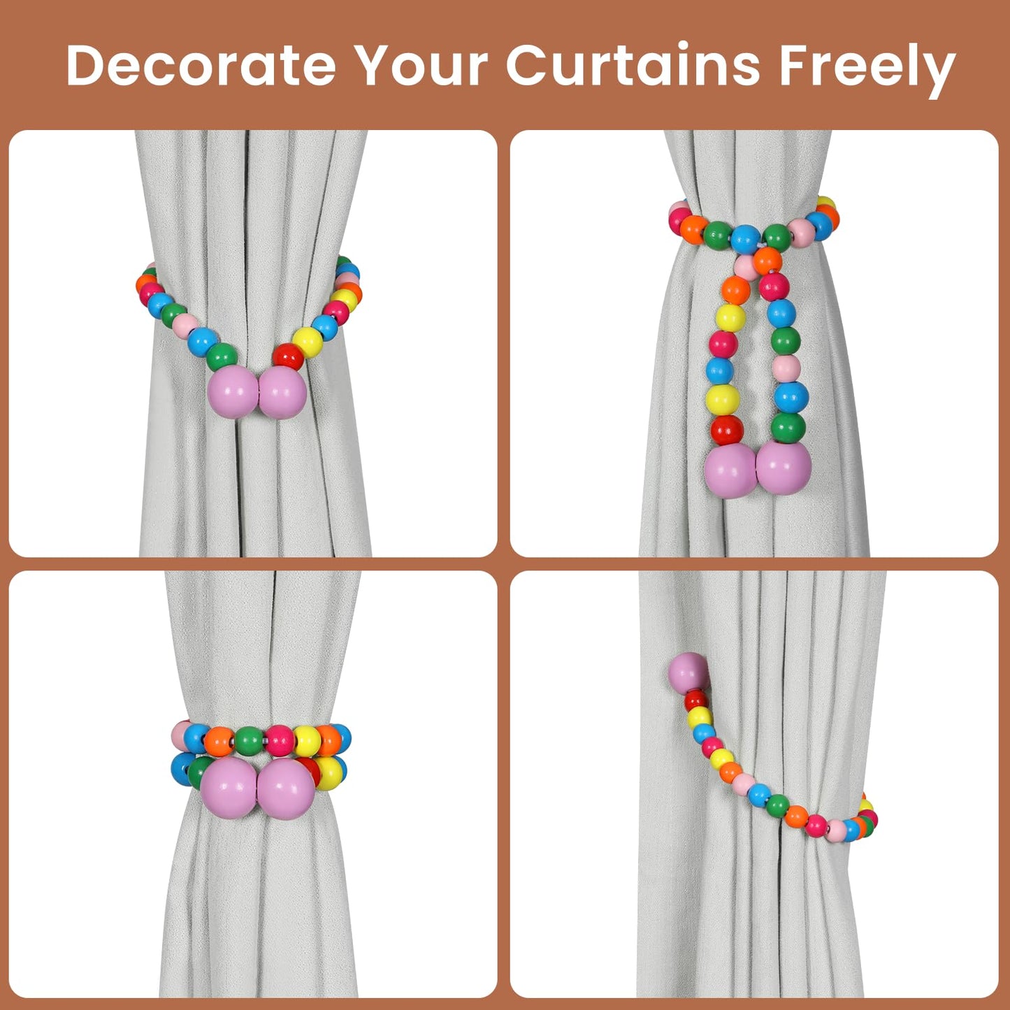 KLOGTSIND Magnetic Curtain Tiebacks, Curtain Holdbacks for Curtains 2 Pack, Wood Bead Curtain Holders for Boho Bedroom Decor, Baby Nursery Decor, Farmhouse Decor