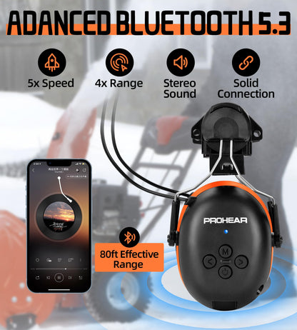 PROHEAR 037 Bluetooth 6.0 Hearing Protection Headphones with Rechargeable 1500mAh Battery, 30dB SNR Safety Noise Reduction Ear Muffs 120H Playtime for Mowing, Workshops, Snowblowing - Black