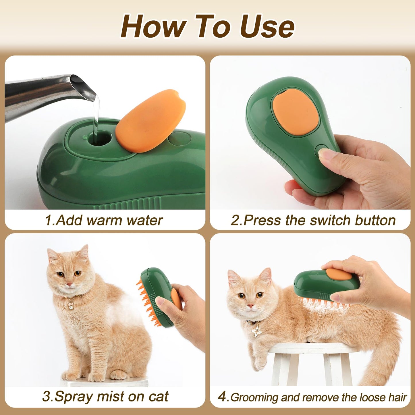 Cat Steam Brush, 3 In 1 Steamy Pet Brush, Silicone Massage Dog Hair Remover Comb, Spray Mist Grooming for Indoor Kittens (Mango Green)