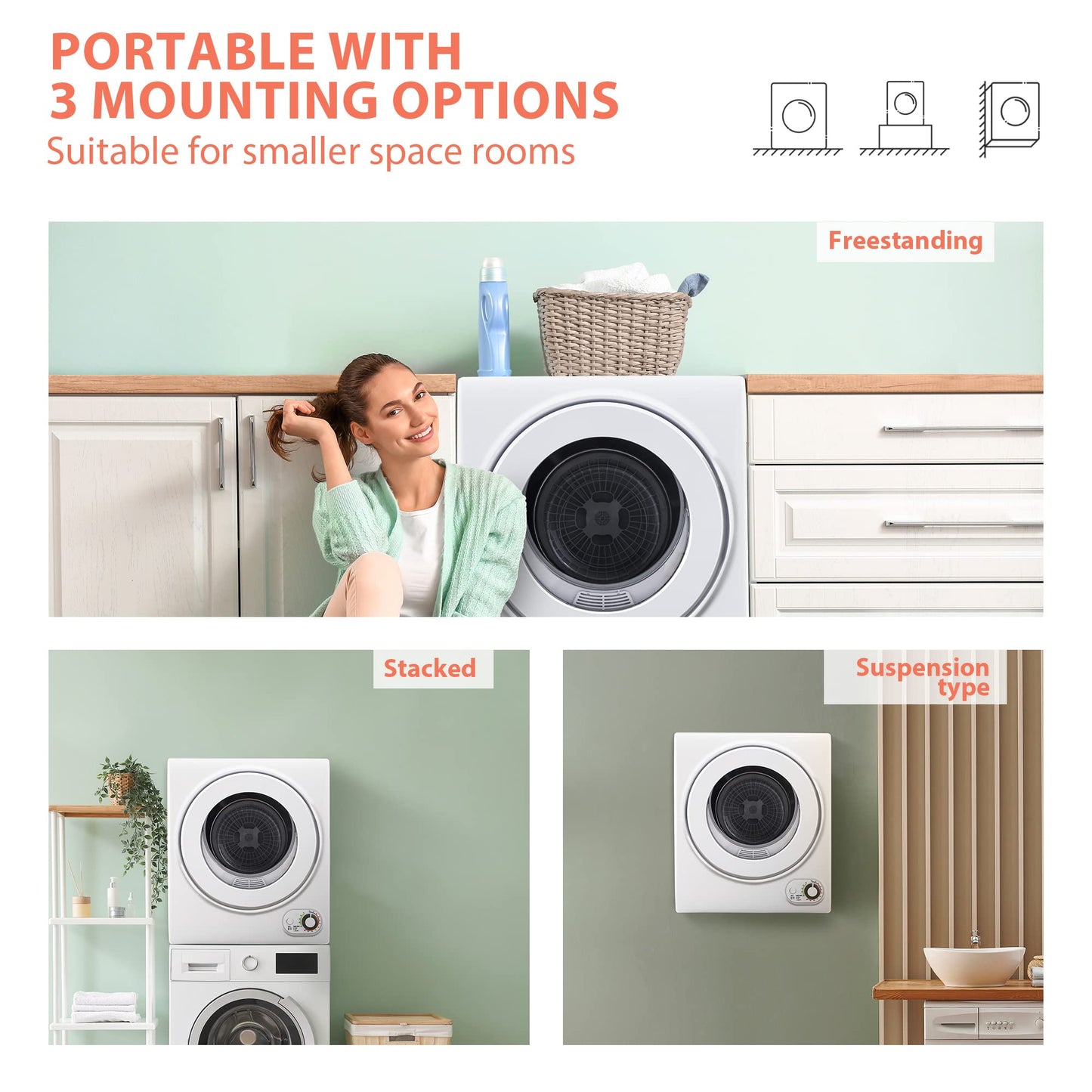 Euhomy Compact Laundry Dryer, 3.5 cu ft Front Load Stainless Steel Clothes Dryers With Exhaust Pipe, 1500W, LCD Control Panel Four-Function Portable Dryer For Apartments, Home, Dorm, White