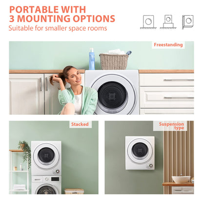 Euhomy Compact Laundry Dryer, 3.5 cu ft Front Load Stainless Steel Clothes Dryers With Exhaust Pipe, 1500W, LCD Control Panel Four-Function Portable Dryer For Apartments, Home, Dorm, White