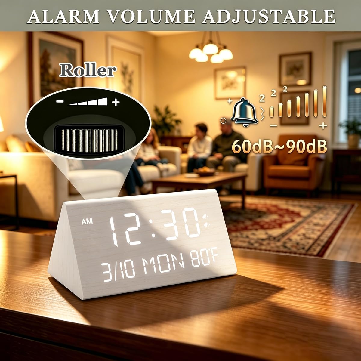 Kogonee Wooden Digital Alarm Clock, 0-100% Dimmer, 2 Alarm Settings, Weekday/Everyday Mode, 9 Mins Snooze, 12/24H, Temperature and Date Display for Office, Travel, Bedroom Alarm Clock (Brown)