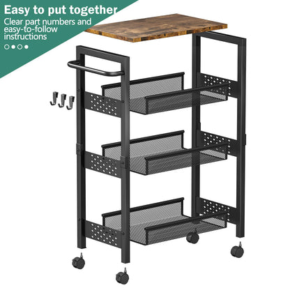 Vivihomety Utility Slim Storage Cart with Wheels, 4 Tier Small Rolling Cart with Wood Top, Metal Kitchen Bathroom Laundry Room Organization Trolley with Handle for Narrow Space – Black