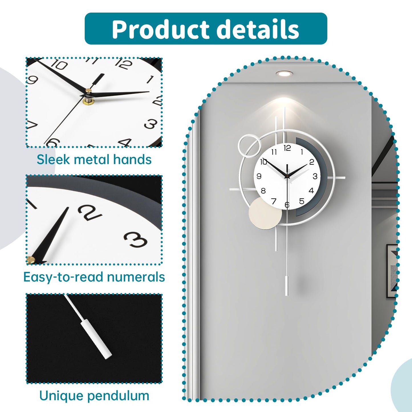 Wall Clock Decorative Large Modern Wall Clock Silent Non-Ticking Battery Operated Gold Unique Pendulum Clock for Living Room,Bedroom,Office,Kitchen,Bathroom,Wall Decor 13.8x21.9in