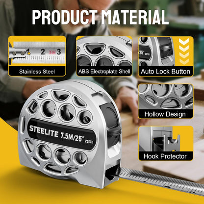STEELITE Tape Measure 25'FT Stainless Steel Waterproof & Rustproof Retractable Measuring Tape with Hollow Design Carbon Fiber