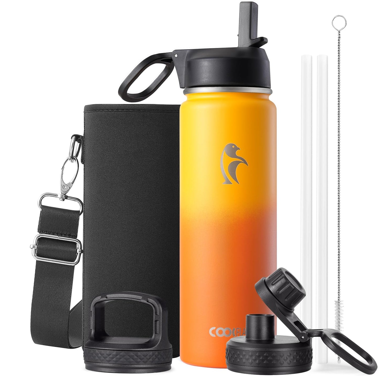 Half Gallon Water Bottle Insulated with Straw & 3 Lids, Coolflask 64 oz Water Jug Large Metal Stainless Steel Wide Mouth for Sports, Gym or Office, Non-BPA Keep Cold 48H Hot 24H, Samurai Cyan